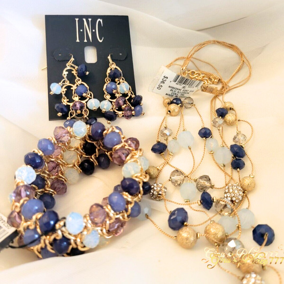 Brand New I.N.C. Gold-Tone Chunky 4 Rows Mixed Blue Beads Stretch Bracelet - Picture 4 of 6